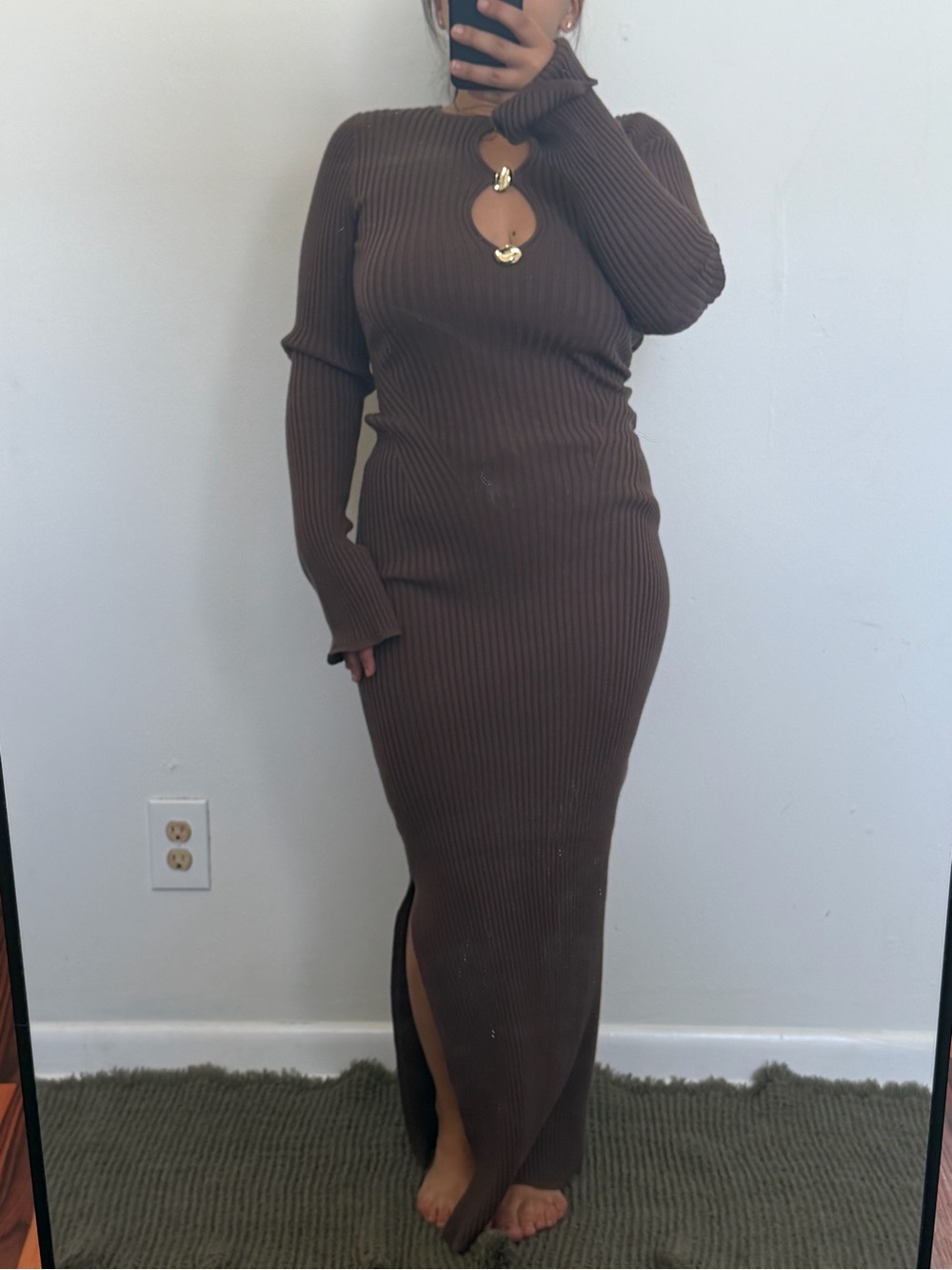 Ribbed Brown Midi Dress with Gold Accent Keyhole